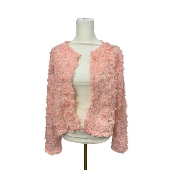 She + Sky Long Sleeve 3D Mesh Short Jacket Cardigan Flower appliqué in Pink - Picture 7 of 12